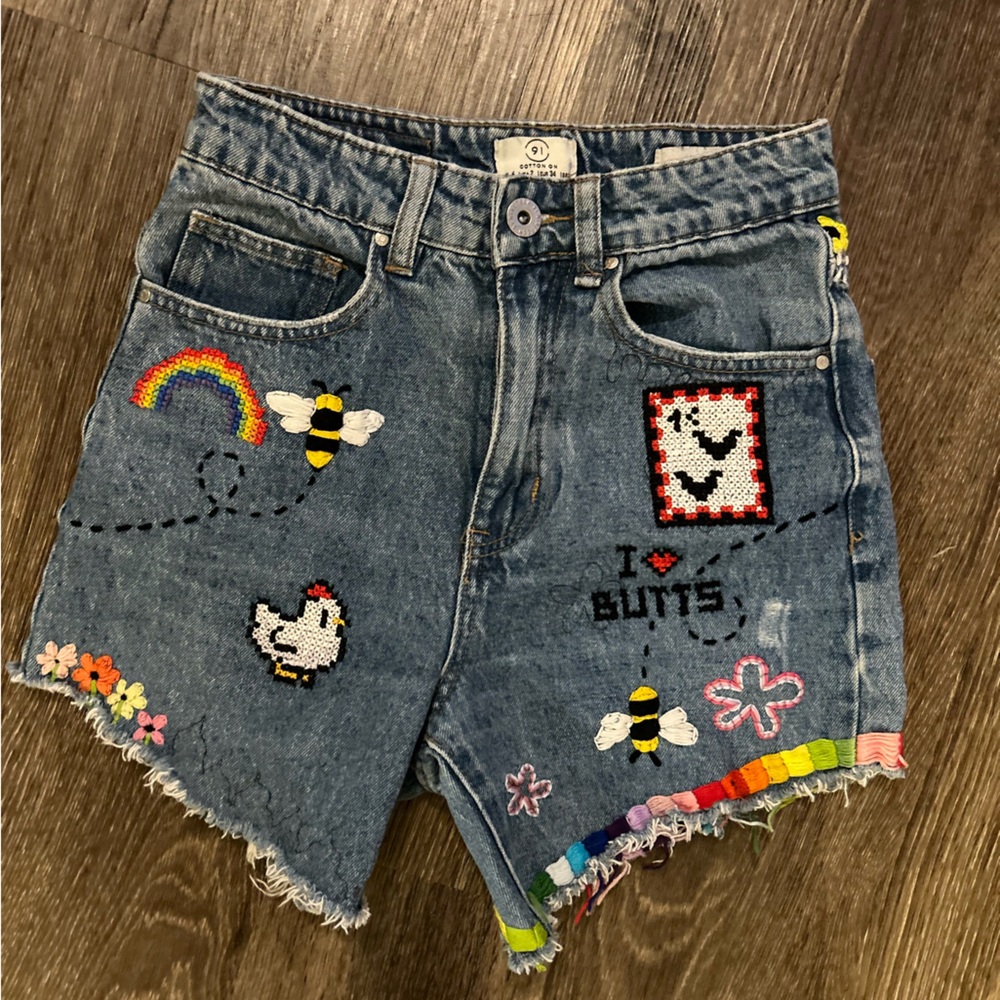 Cotton On Denim Shorts with Colorful Embroidery Mom Jeans Size 2